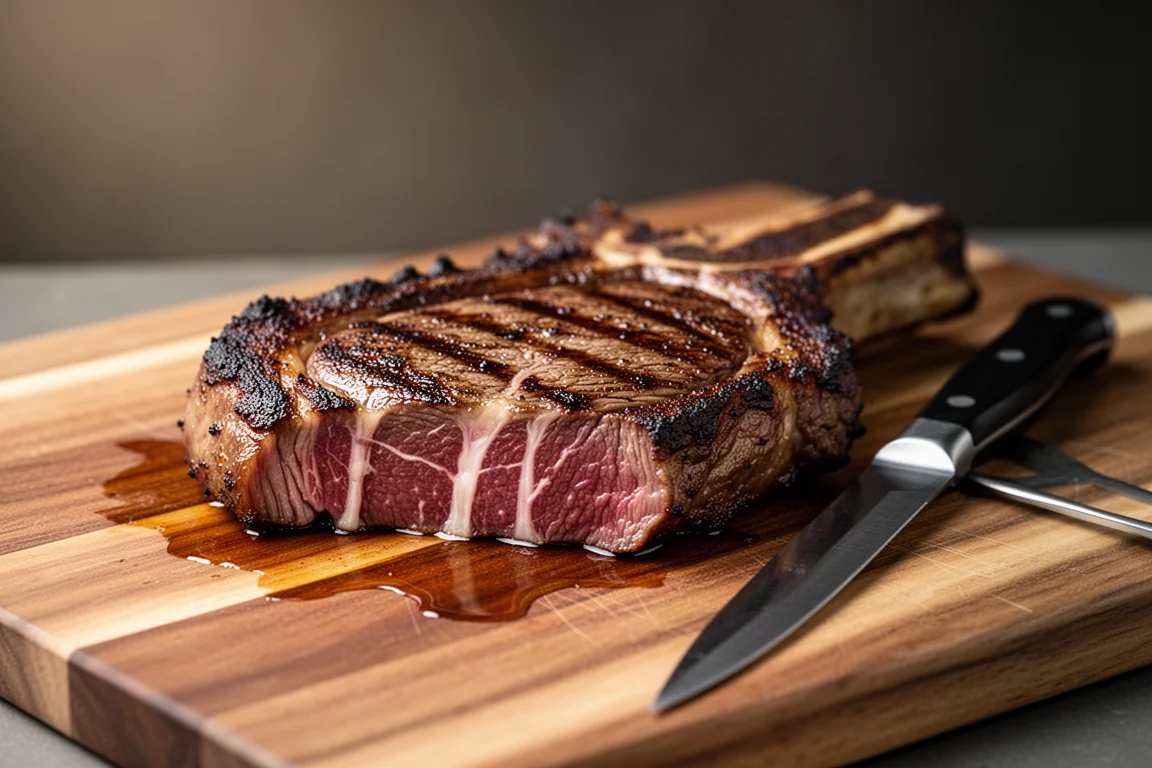 Gegrilltes Ribeye-Steak ruht auf einem Brett mit ausgelassenem Fett und Fleischsäften