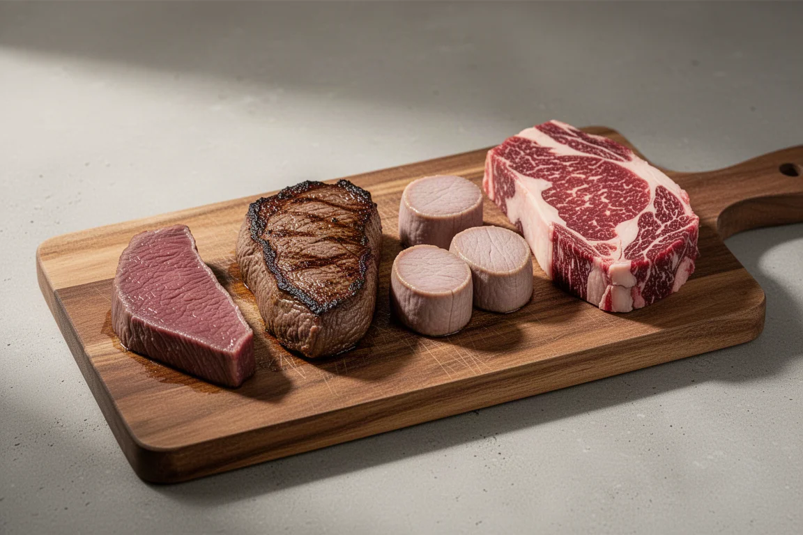 木製の精肉店用まな板の上に、サーロイン、ランプ、フィレ、リブアイなど多彩な焼き上がったステーキカットが並ぶ様子