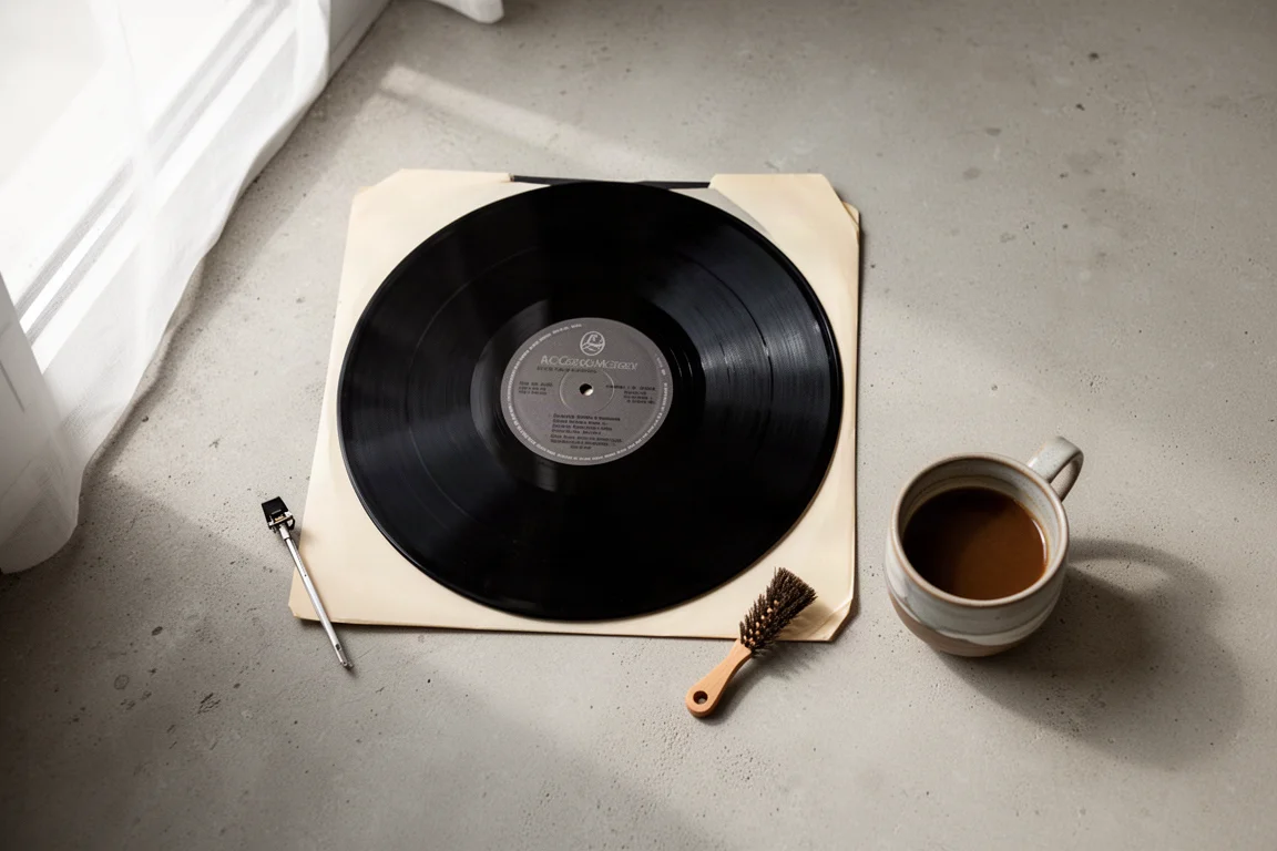 Vinylschallplatte, Nadelfbürste und Kaffeetasse auf einer Betonoberfläche arrangiert