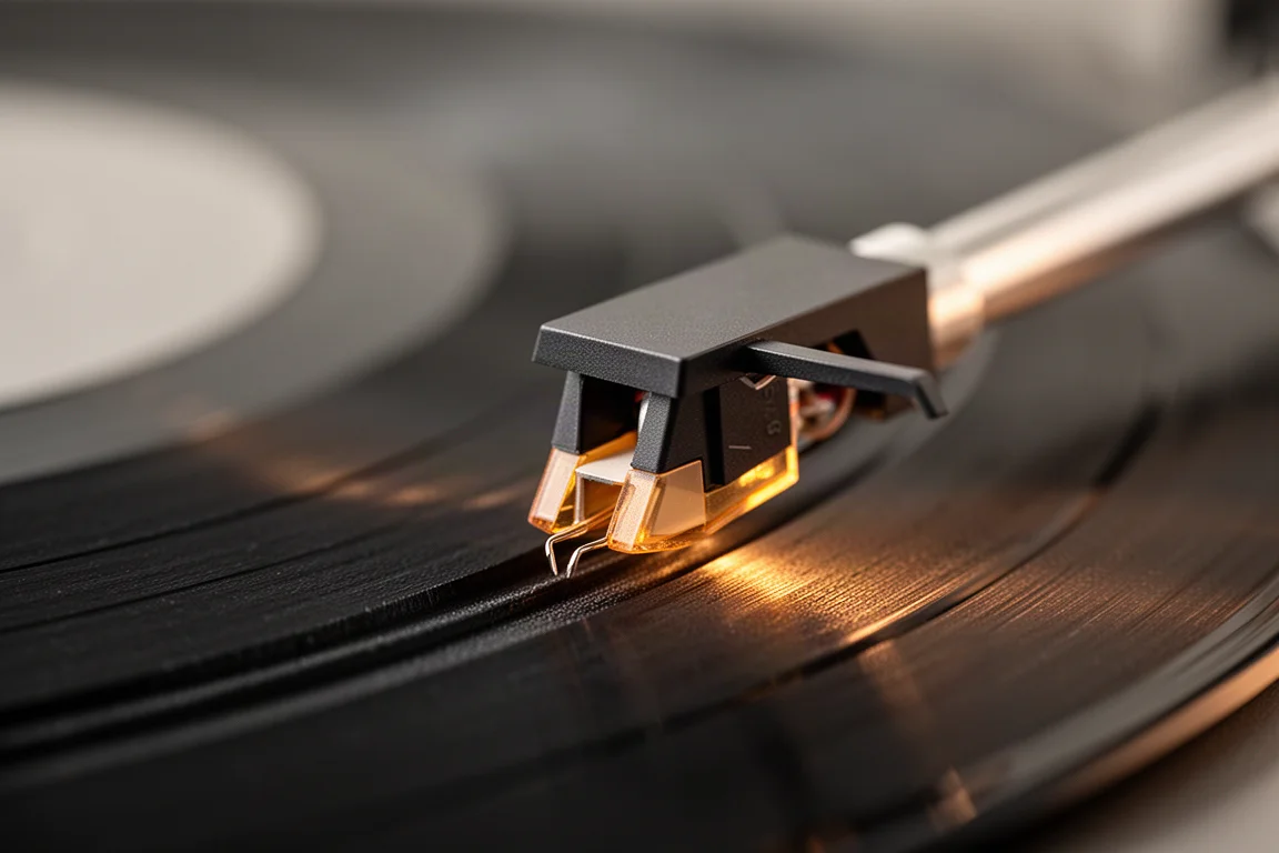 Makroaufnahme einer Plattenspielernadel, die in warmem Licht eine Vinylrille abtastet