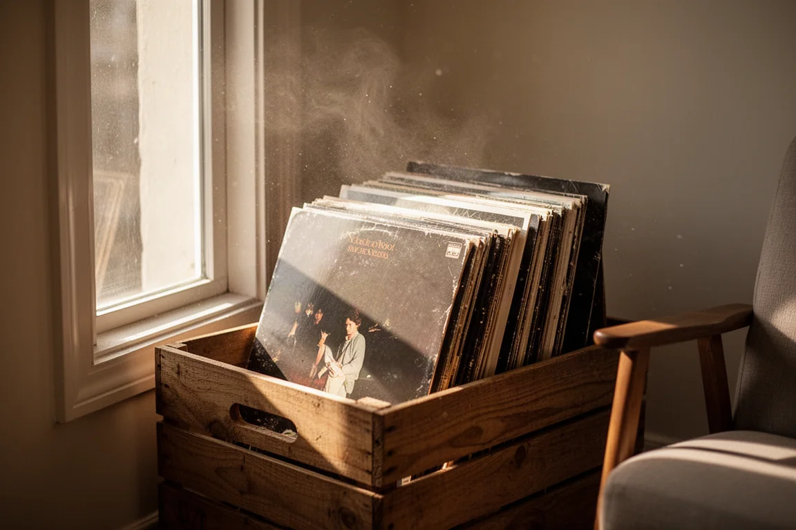 Kiste mit Vinylschallplatten neben einem hohen Fenster in warmem Nachmittagslicht