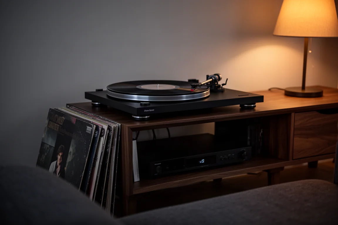 Flaches Hi-Fi-Rack mit drehendem Plattenspieler und Schallplatten in der Abenddämmerung