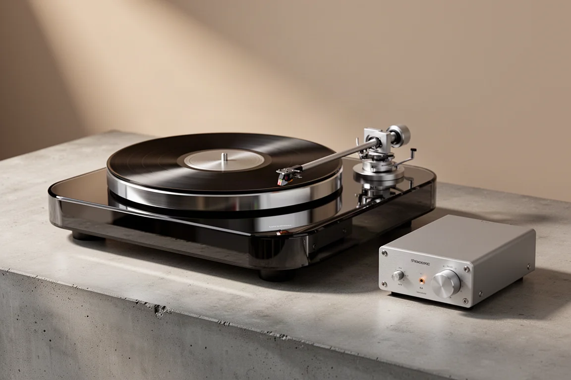Belt-drive turntable with tonearm and compact phono preamp on concrete surface