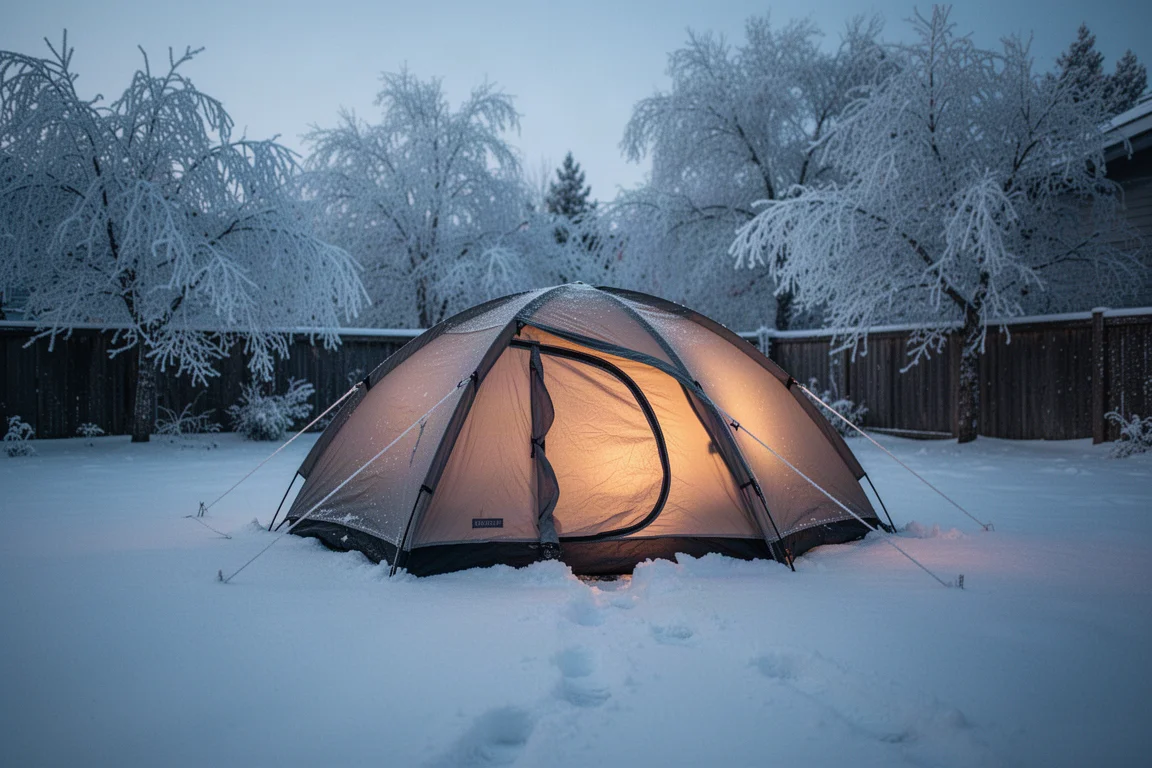 Acampamento coberto de neve na hora azul com uma barraca baixa de mochilão e árvores com geada