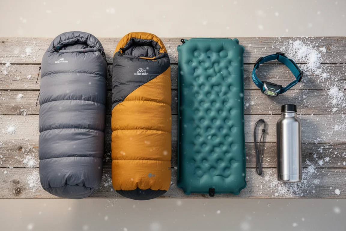 Vista de cima de equipamento de acampamento de inverno, incluindo dois sacos de dormir enrolados e um isolante