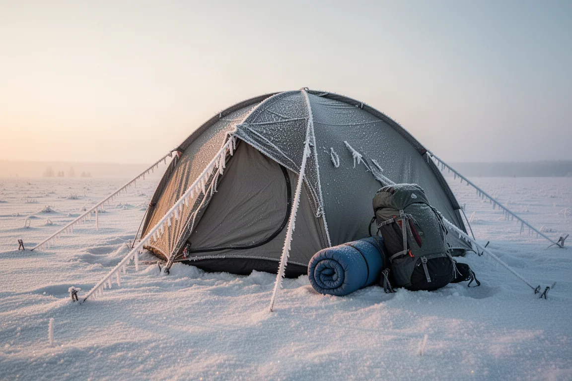 Barraca coberta de geada ao nascer do sol em um campo nevado, com uma mochila carregada ao lado