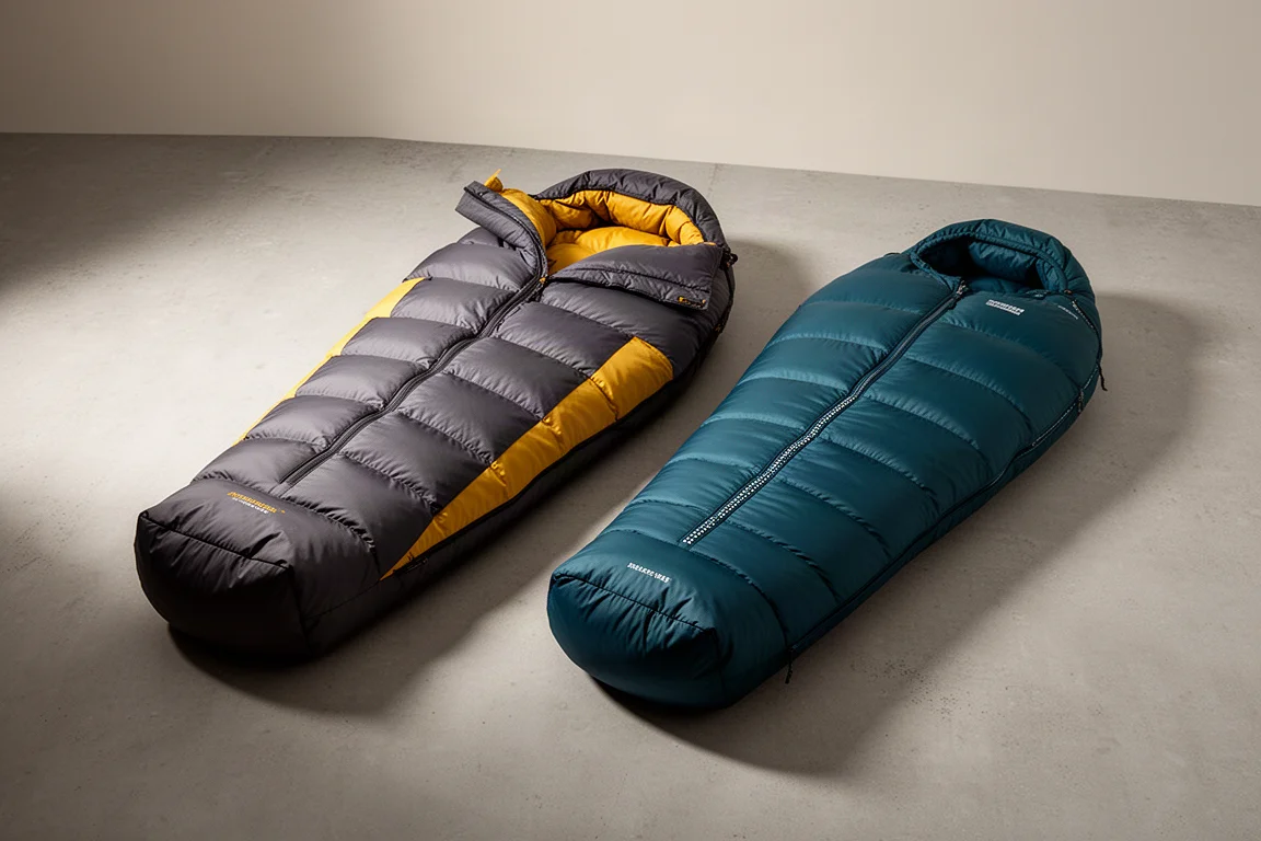 Two mummy winter sleeping bags, one lofty down bag and one slimmer synthetic bag, on concrete
