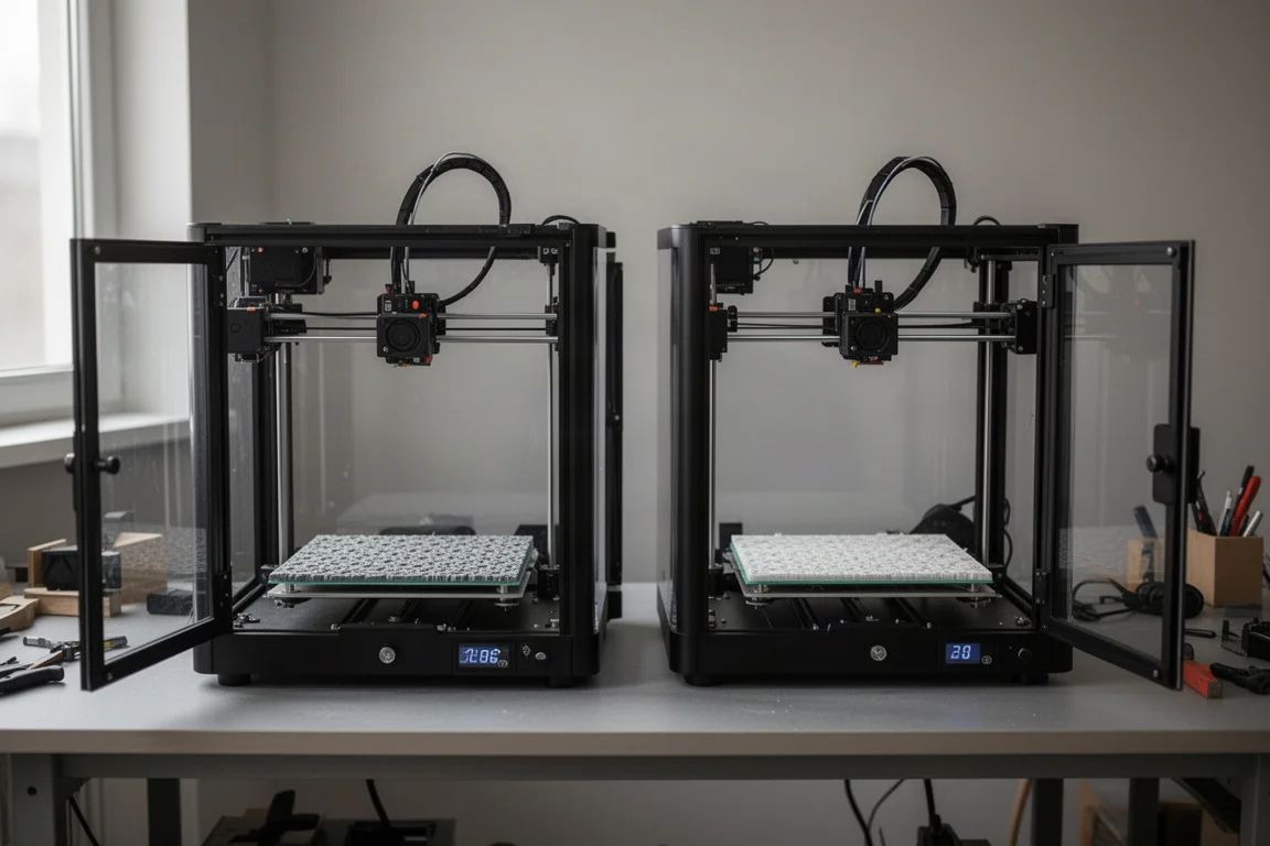 Zwei geschlossene 3D-Drucker nebeneinander in einer Werkstatt mit sichtbaren strukturierten Druckplatten