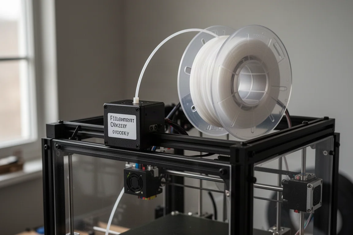 Filament-Trocknerbox und Spule, die in einen geschlossenen 3D-Drucker einspeisen