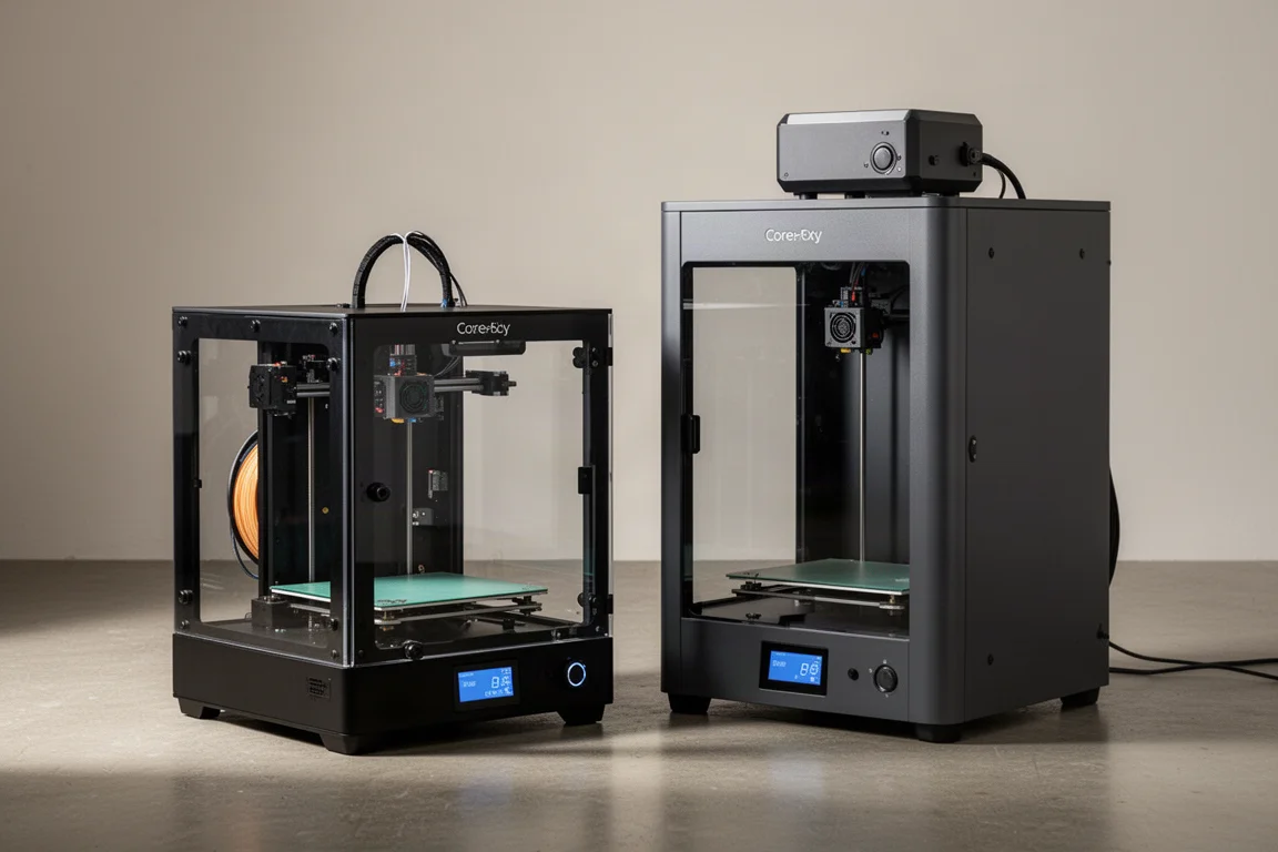 Two enclosed CoreXY 3D printers side by side on a concrete workshop floor