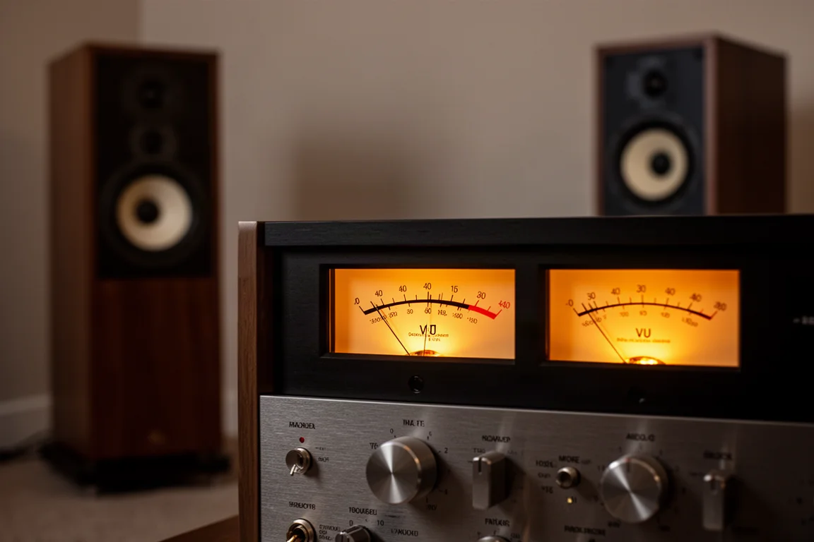 Analoge VU-Meter leuchten an einem Verstärker in einem schwach beleuchteten Hörraum