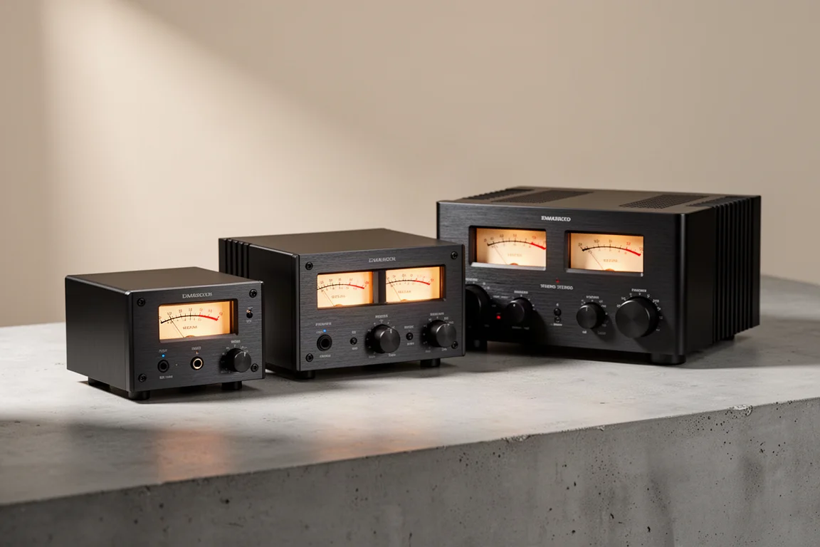 Three stereo amplifiers of increasing size lined up on a concrete surface