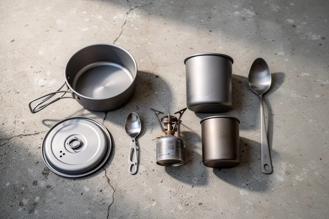Overhead flat-lay of a budget aluminum cook kit beside a titanium pot and long spoon on concrete
