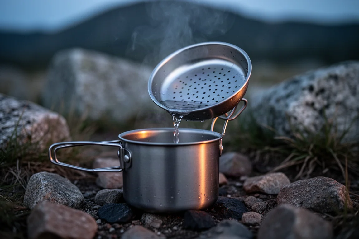 Titanium pot with perforated lid tilted to drain water at a rocky campsite at dusk