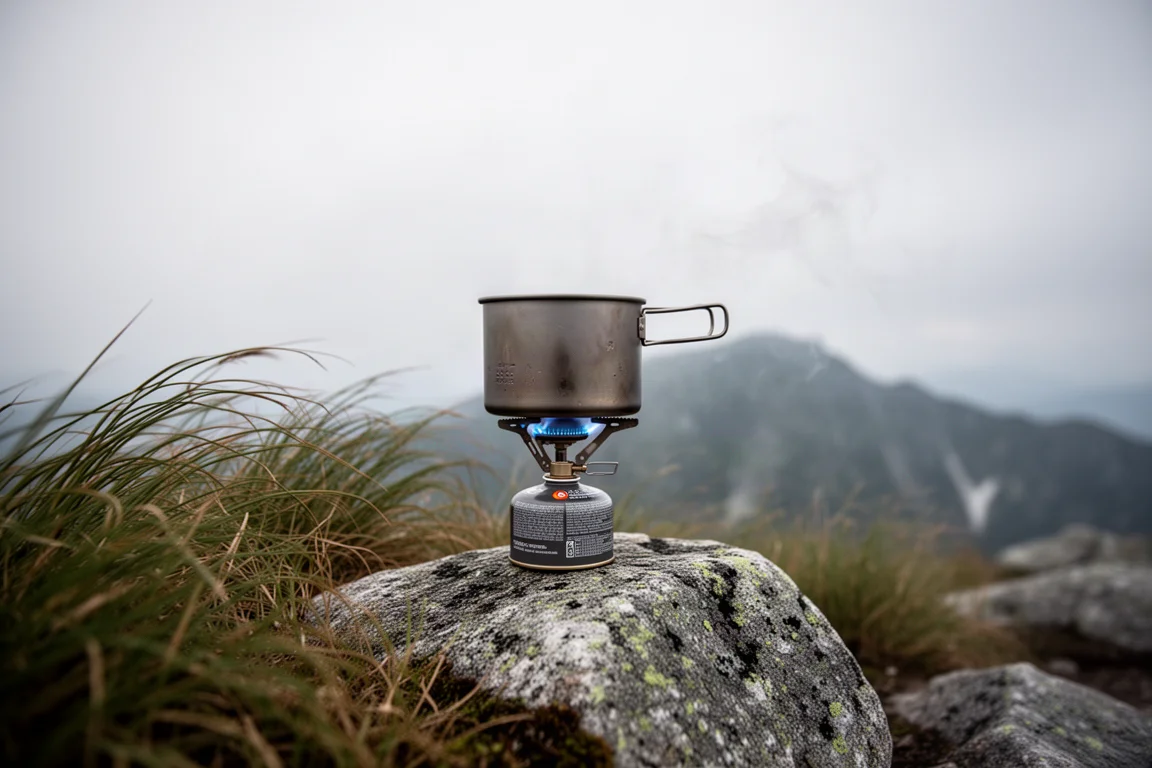 Canister stove burning under a titanium pot on a granite boulder at a windy alpine campsite