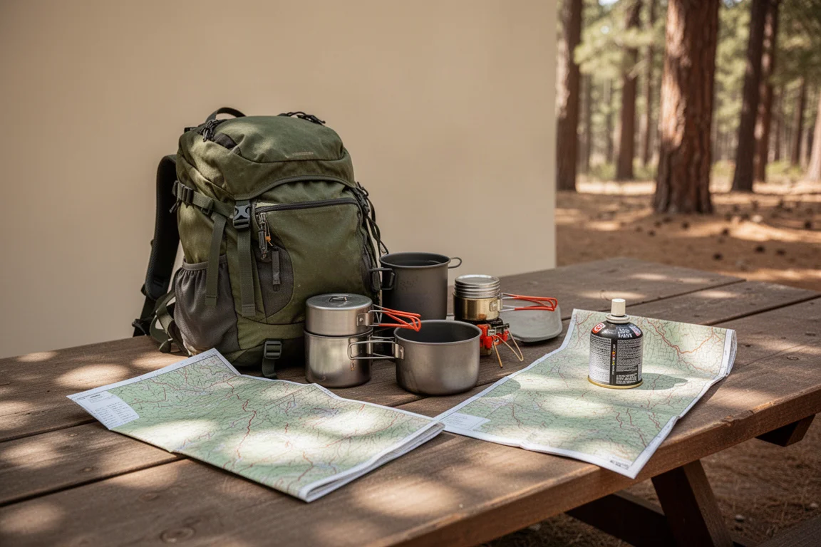 Packed backpacking cook kit on a camp table with map and fuel canister in morning light