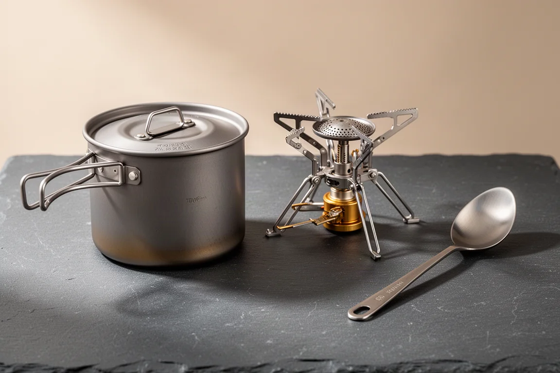 Titanium pot, canister stove, and long-handled titanium spoon arranged on a slate surface