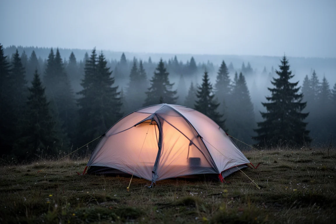 Small backpacking tent pitched on a forest ridge at dusk with warm interior light