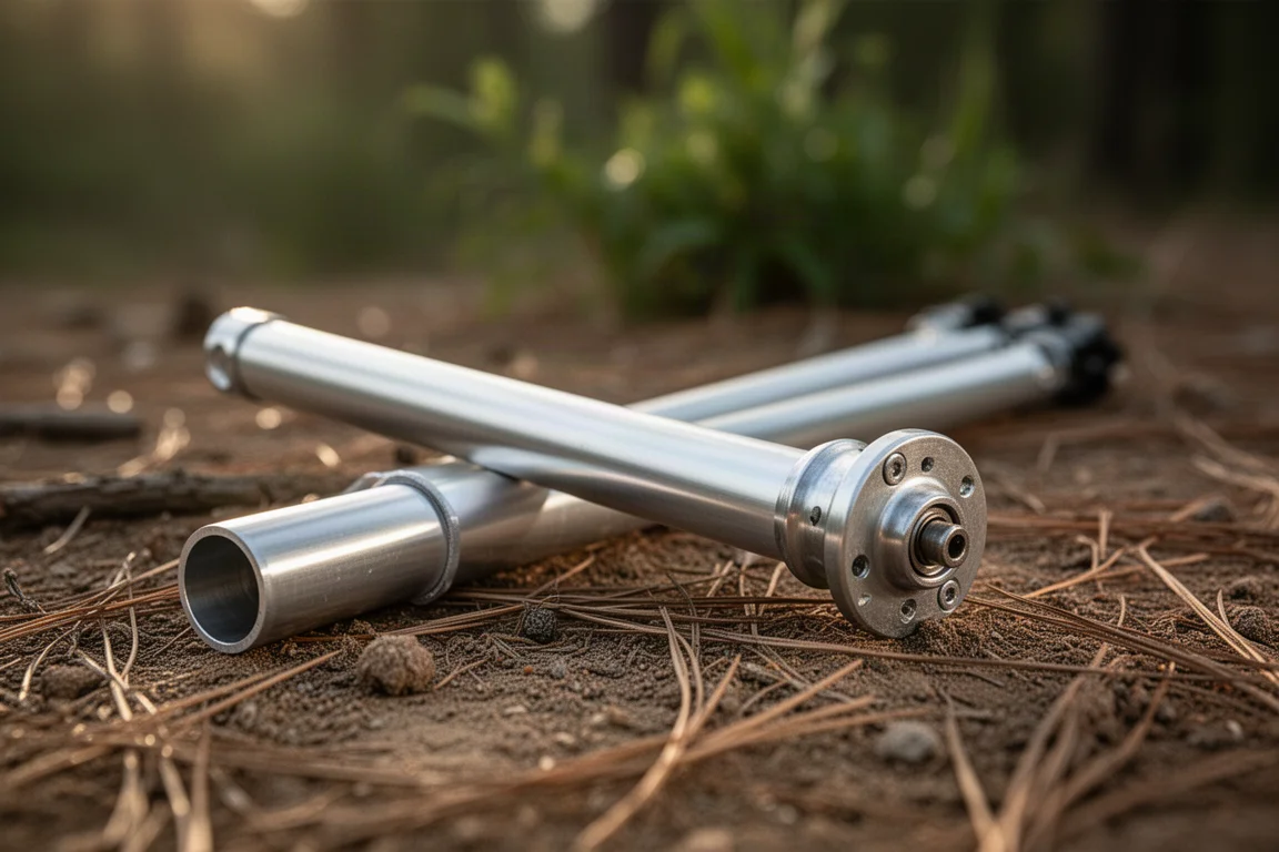 Disassembled aluminum tent pole segments and hub junction resting on packed earth