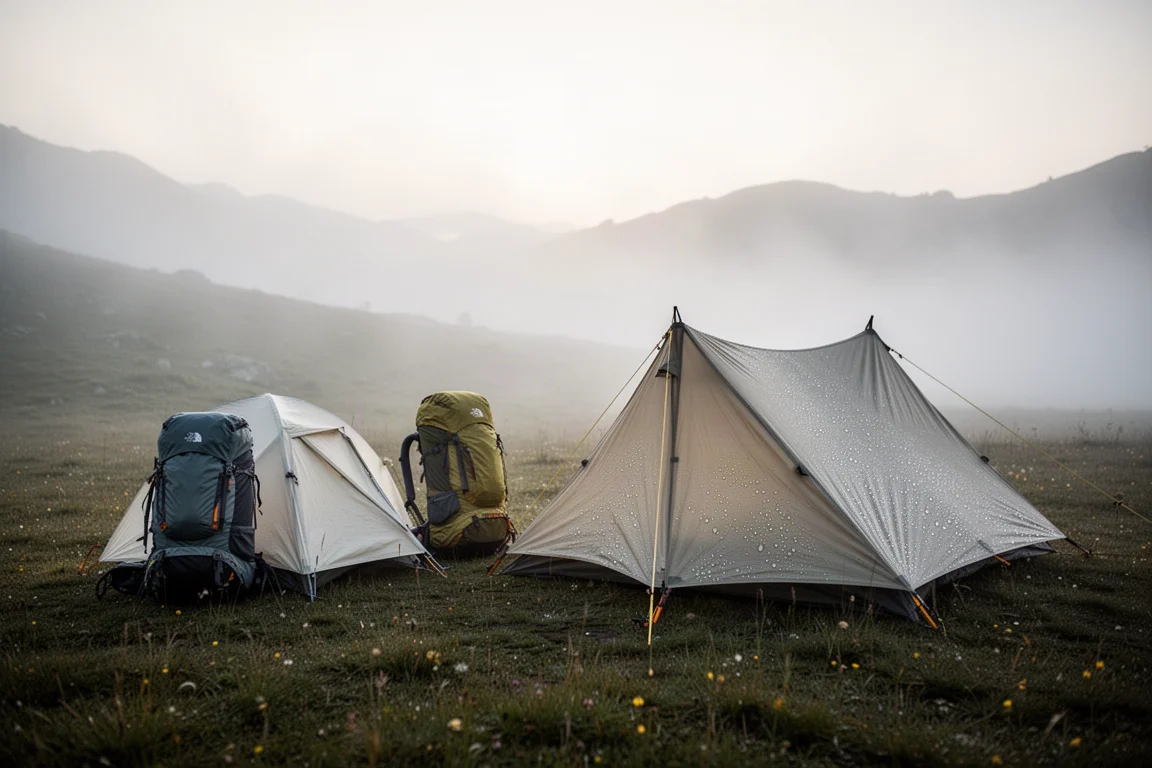 Two lightweight tents pitched side by side in a misty alpine meadow at sunrise
