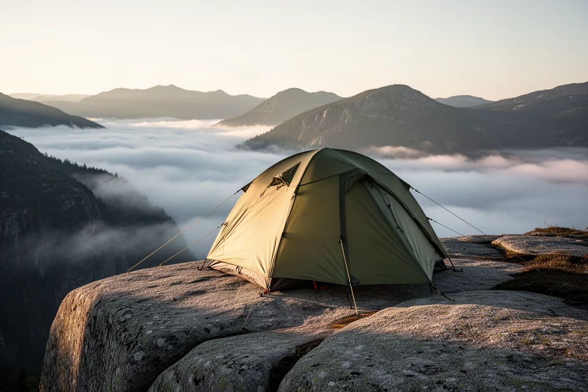 Backpacking tent pitched on a granite ledge overlooking a valley at sunrise