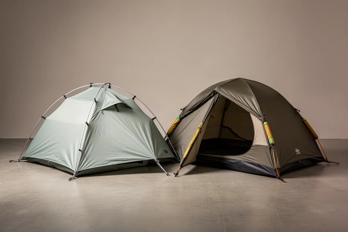Two lightweight backpacking tents pitched side by side on a neutral grey studio backdrop