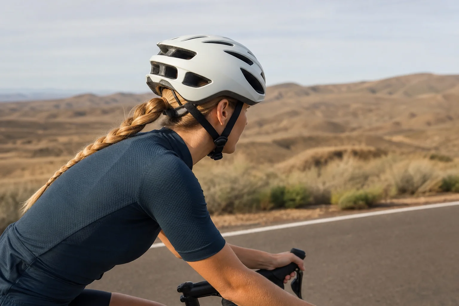 Ciclista che indossa un casco su una bici da corsa durante una pedalata soleggiata
