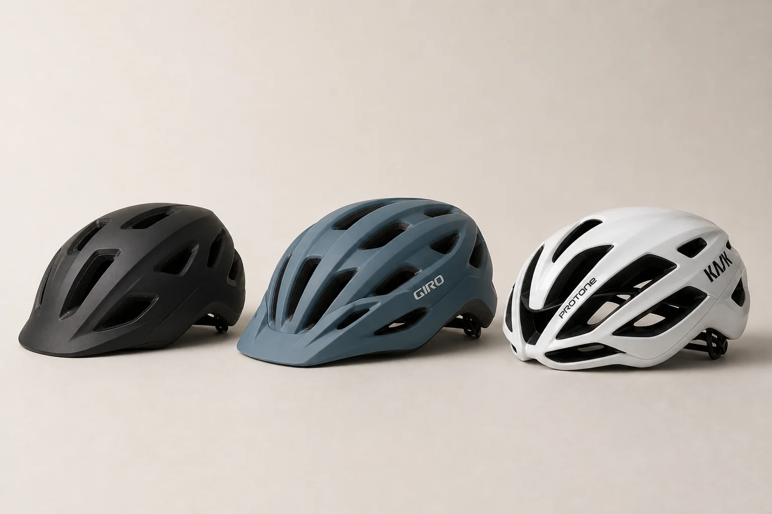Tre caschi da ciclismo di diverse fasce di prezzo disposti uno accanto all'altro