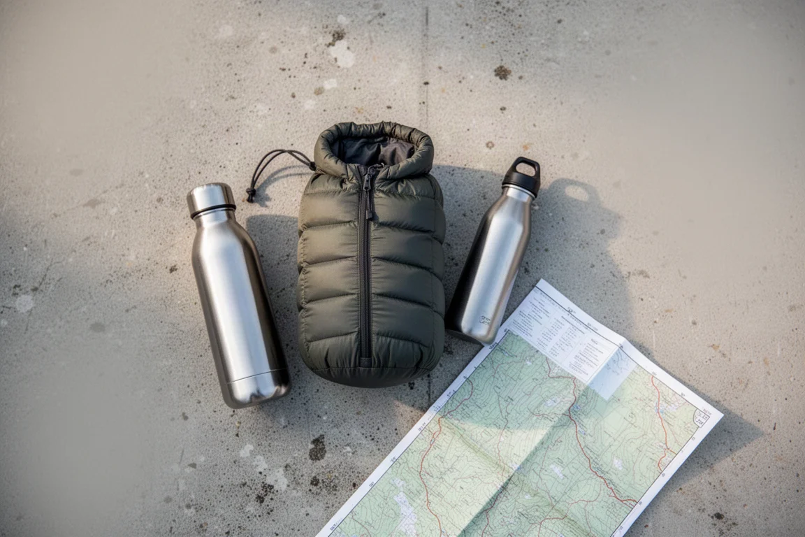 Compact down jacket compressed into its own stuff sack on weathered concrete