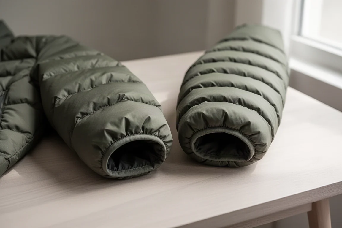 Two down jacket sleeves side by side showing different loft and quilting
