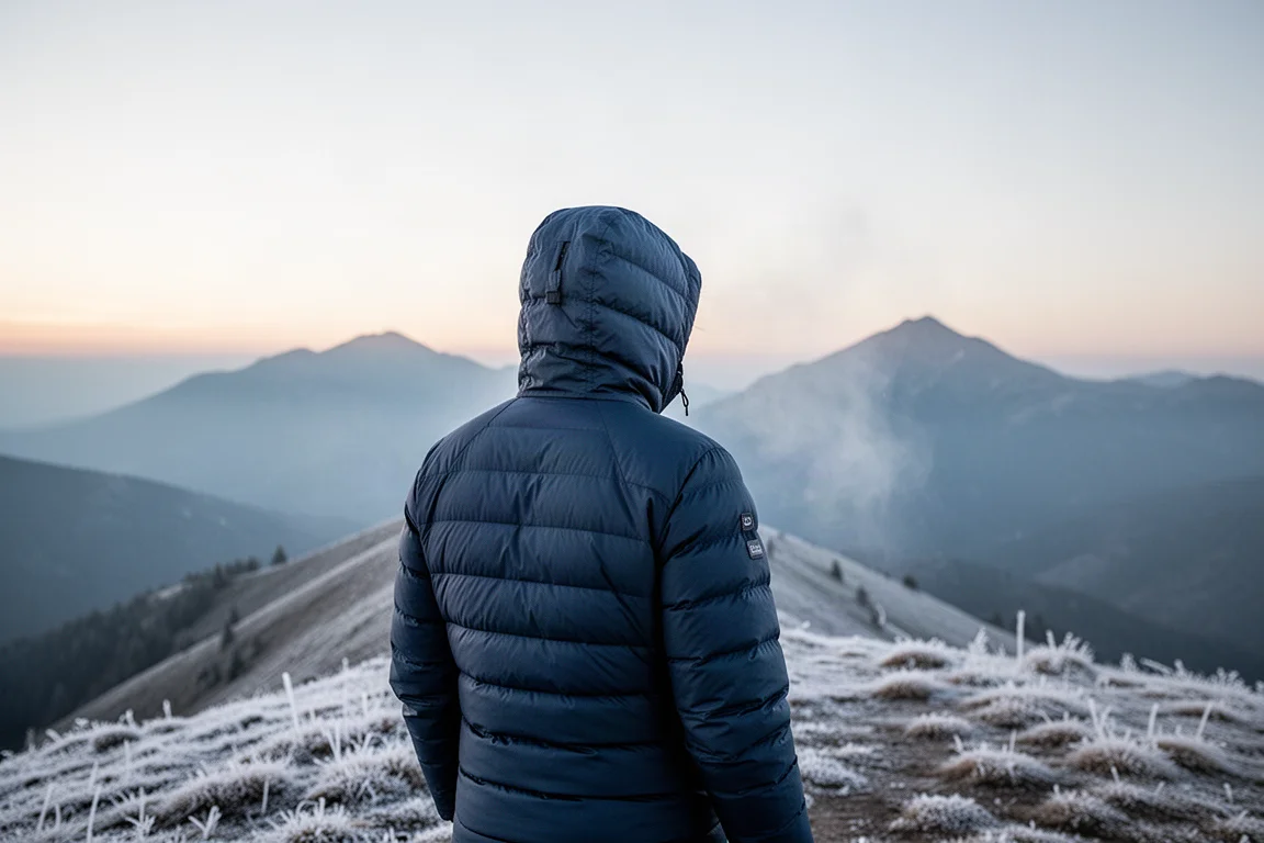 Hiker seen from behind in a hooded down jacket on a frosty alpine ridge
