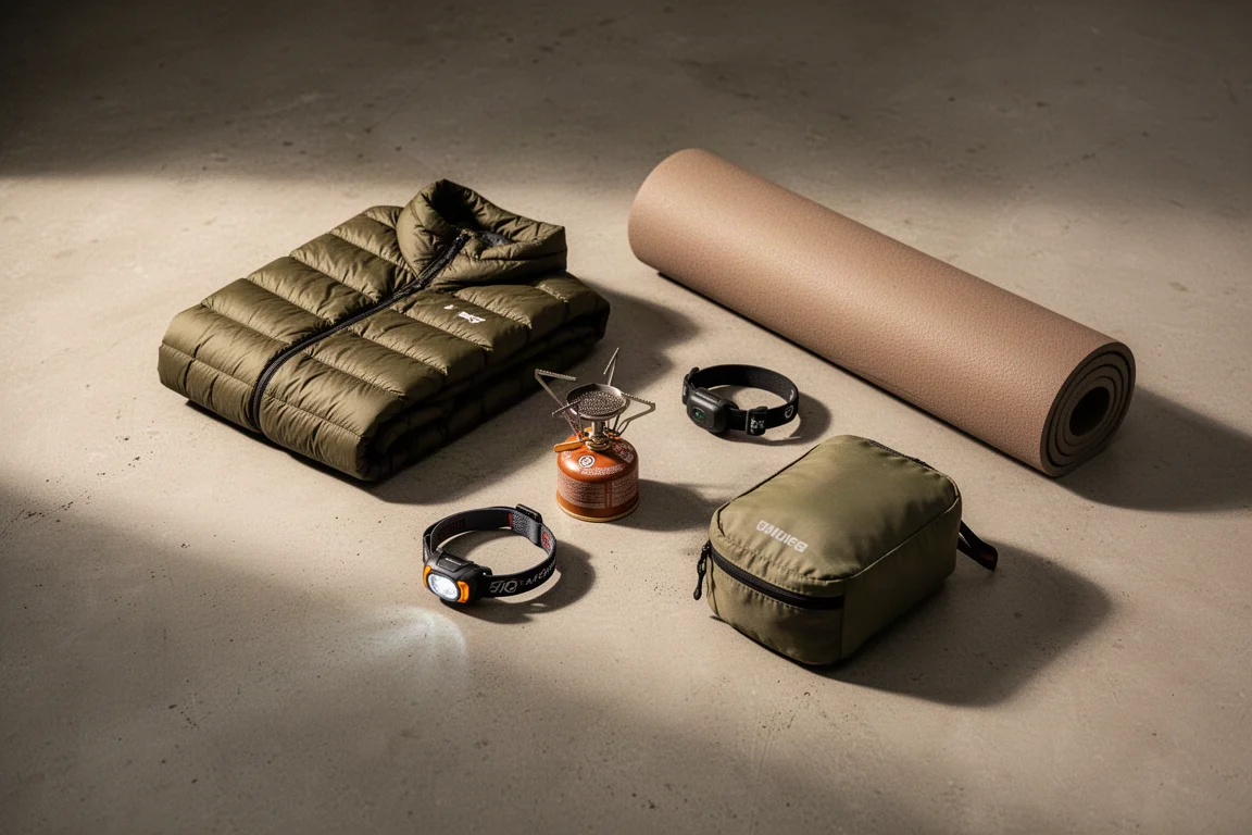 Overhead arrangement of backpacking gear including a folded down jacket