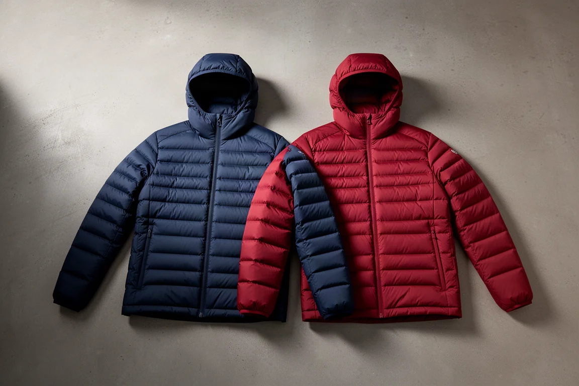 Two quilted down jackets side by side on a matte concrete surface