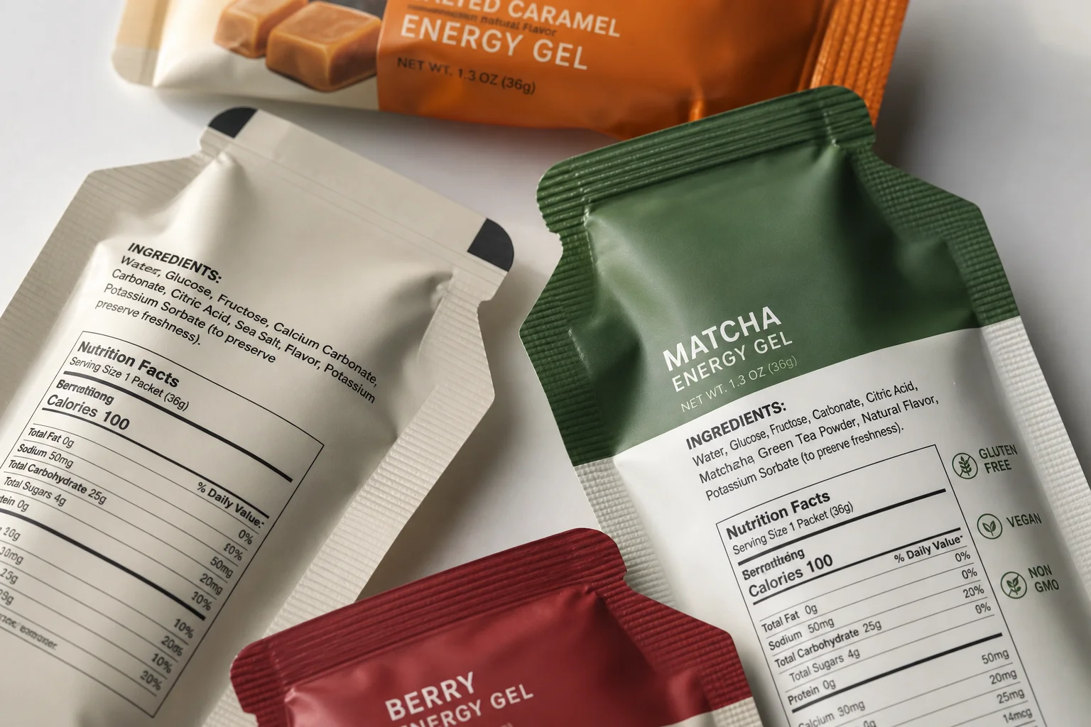 Närbild på ingredienser och näringsinnehåll på en energigel