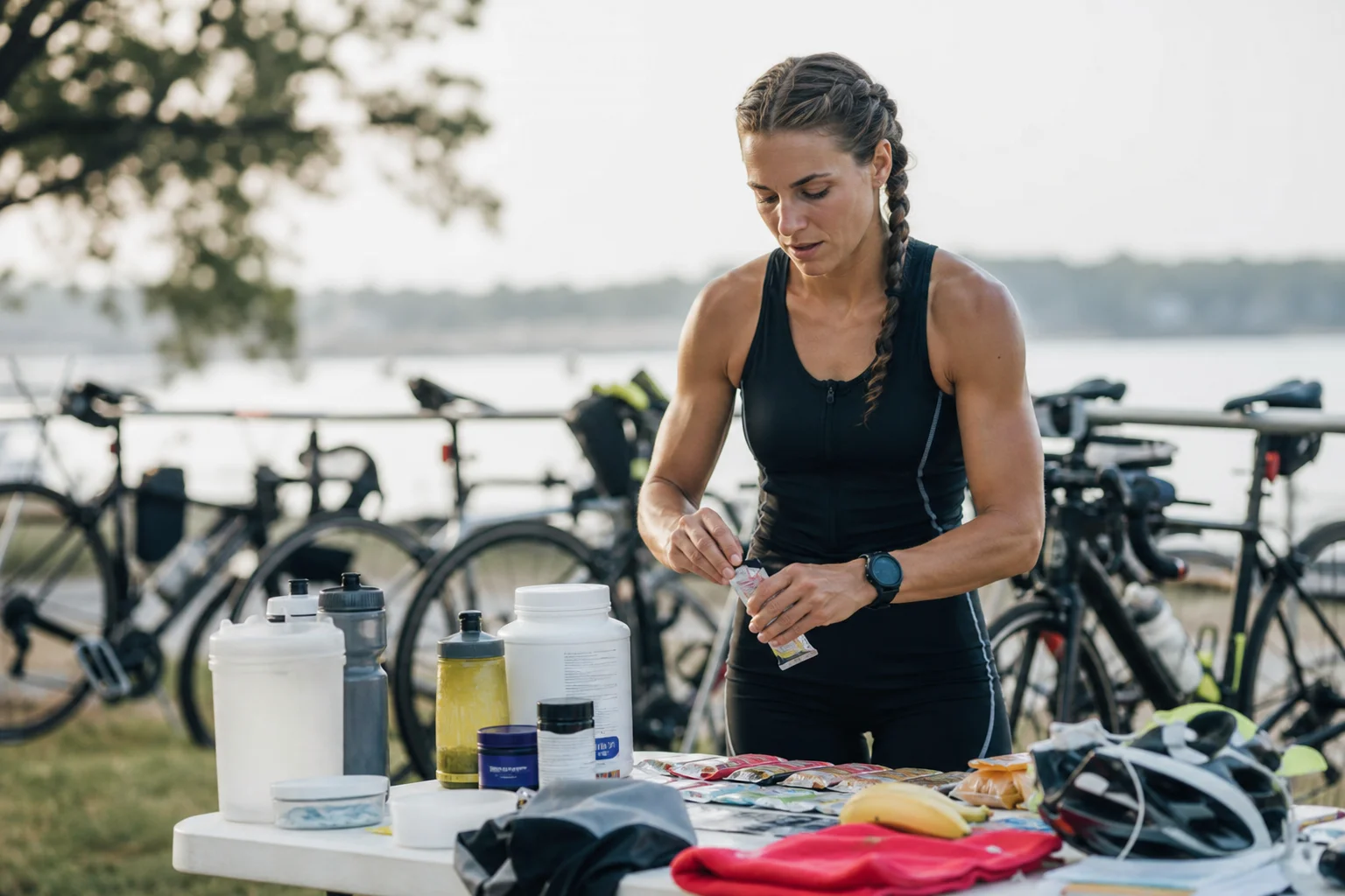 Triathlet som växlar mellan tävlingsmoment med näringstillskott