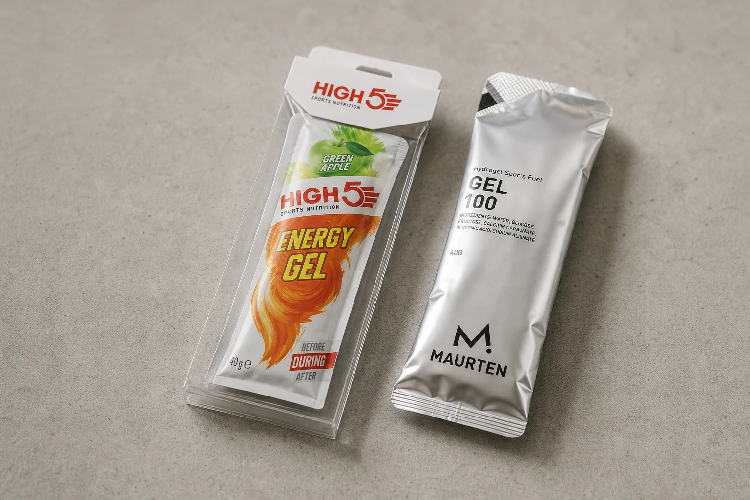 High5 Energy Gel and Maurten Gel 100 sachets side by side on concrete