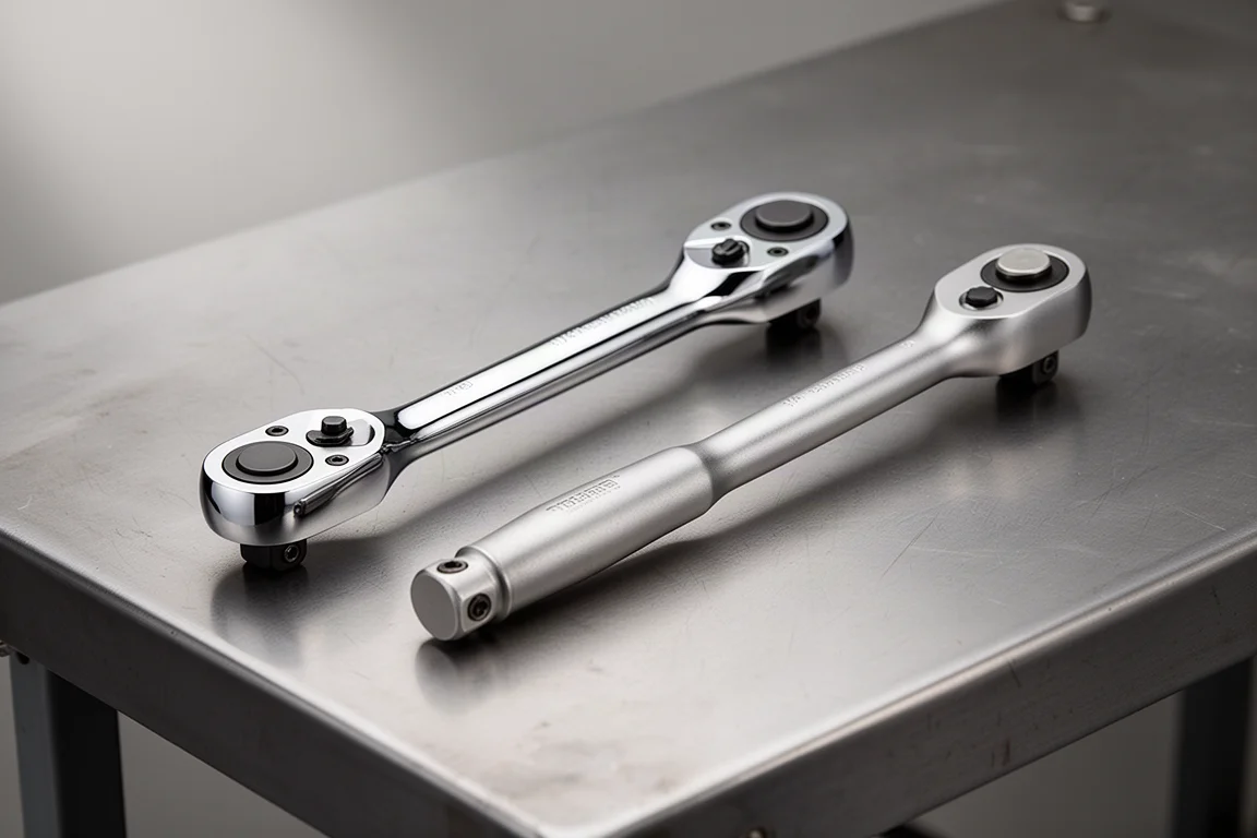 Two flex head ratchets side by side on a steel workbench