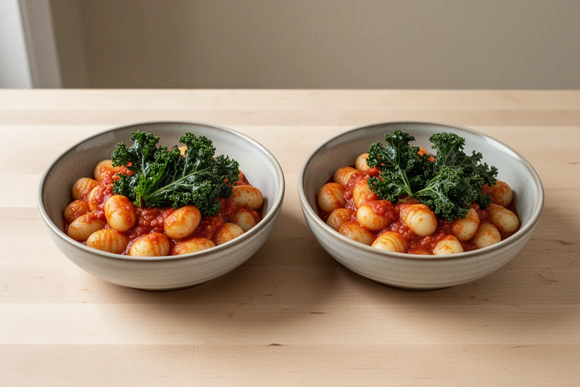 Due ciotole di piatti di gnocchi affiancate in una cucina prova luminosa