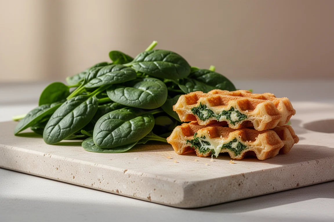 Foglie di spinaci freschi su un tagliere accanto a un gaufre salato croccante