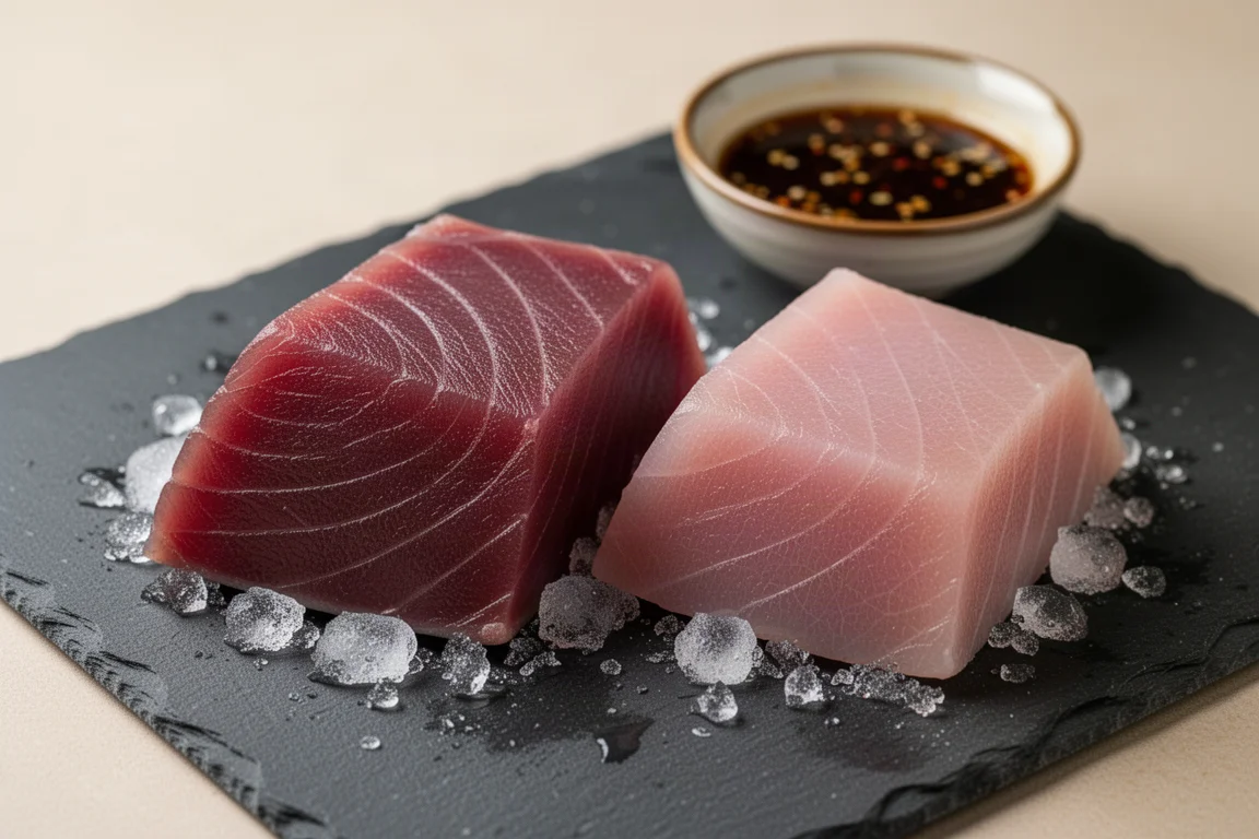 Due tranci di tonno crudo affiancati con diverse intensità di colore