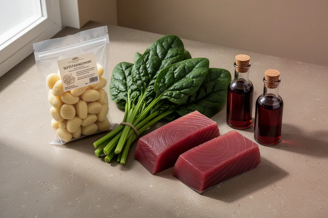 Gnocchi, spinach leaves, tuna steaks and vinegar bottles arranged on a stone surface