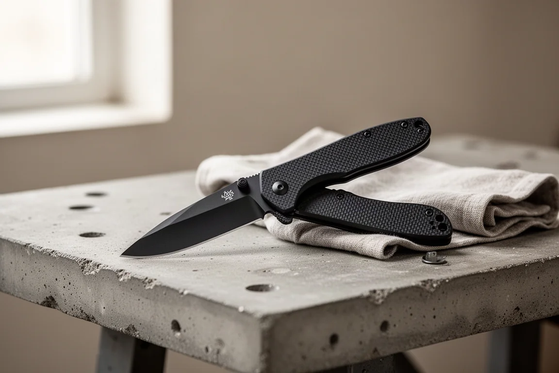 Couteau pliant à lame revêtue de noir posé sur un établi en béton