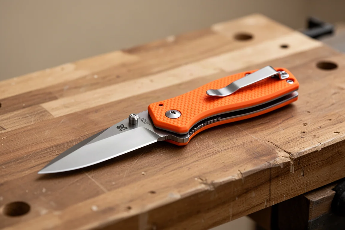 Couteau de travail à manche orange texturé posé sur un établi en bois