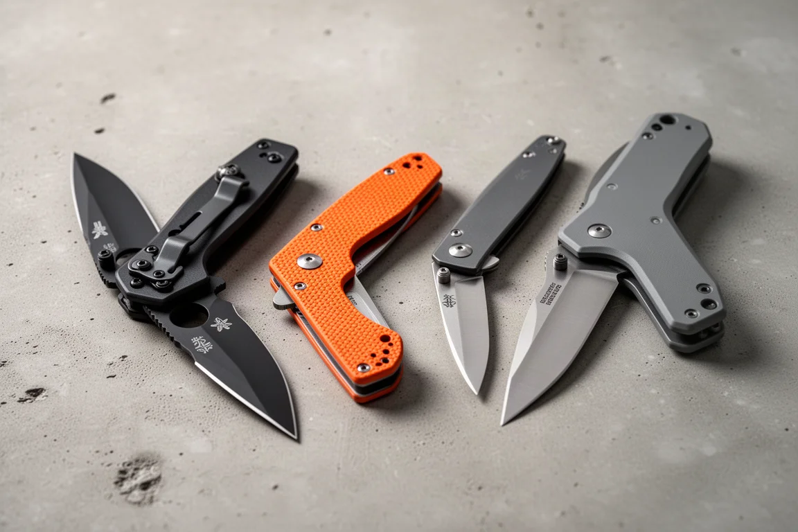 Four folding pocket knives arranged in a row on a concrete surface