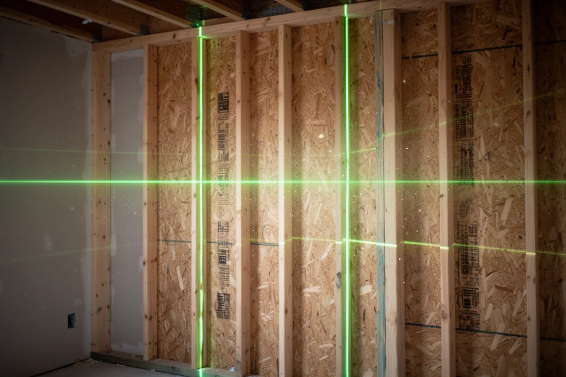 Green laser level lines projected across an unfinished workshop wall