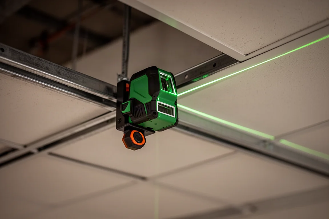 Laser level mounted on a drop ceiling grid with magnetic bracket