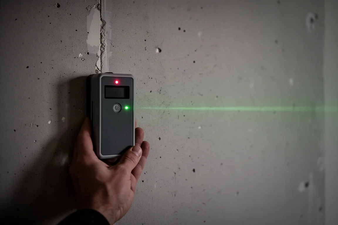 Laser detector held against a wall catching a pulse-mode beam