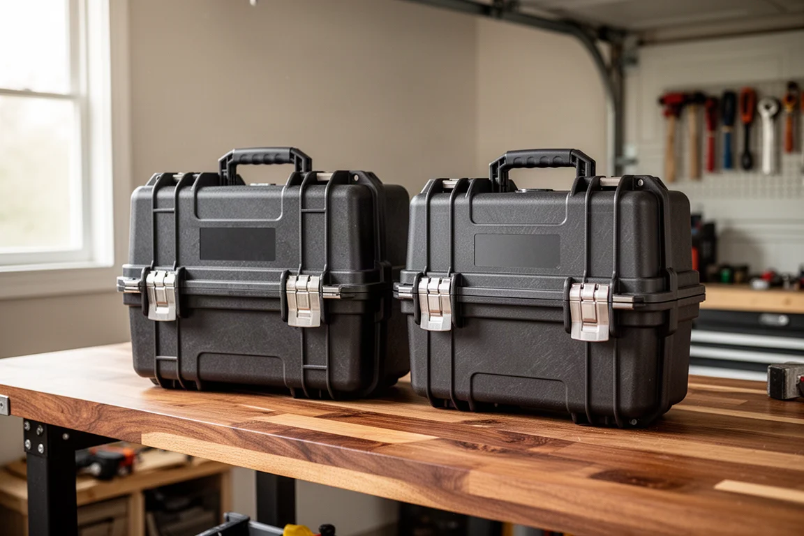 Two laser level hard cases sitting side by side on a workbench