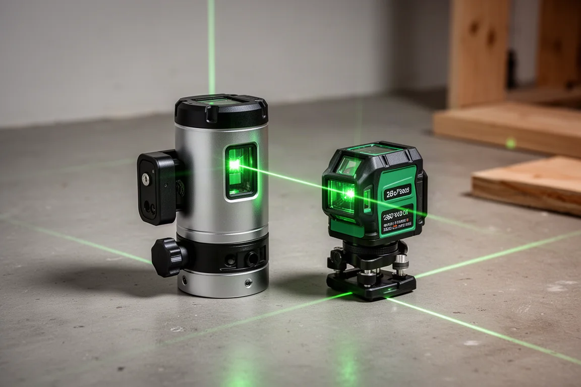 Two green cross-line laser levels side by side on a concrete workshop floor