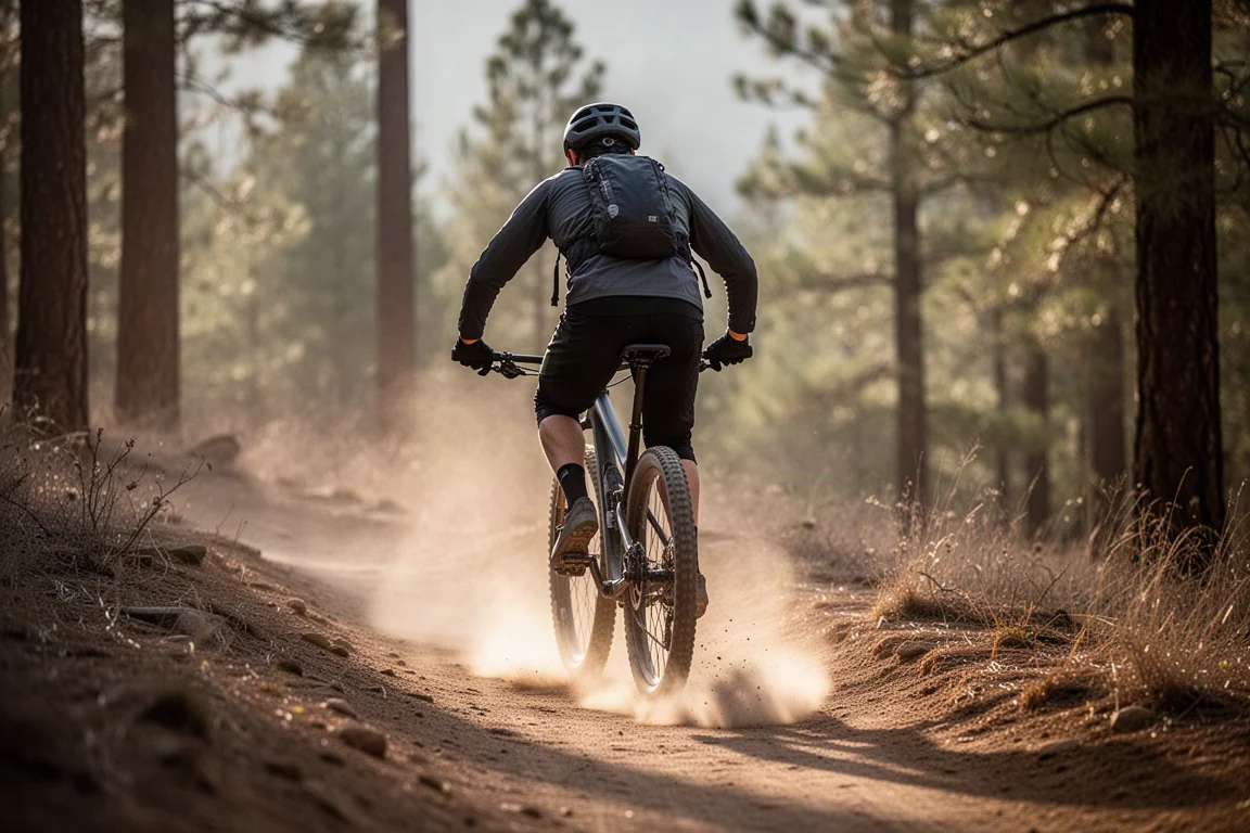 Mountain biker riding a dusty singletrack descent through pine forest in late afternoon light